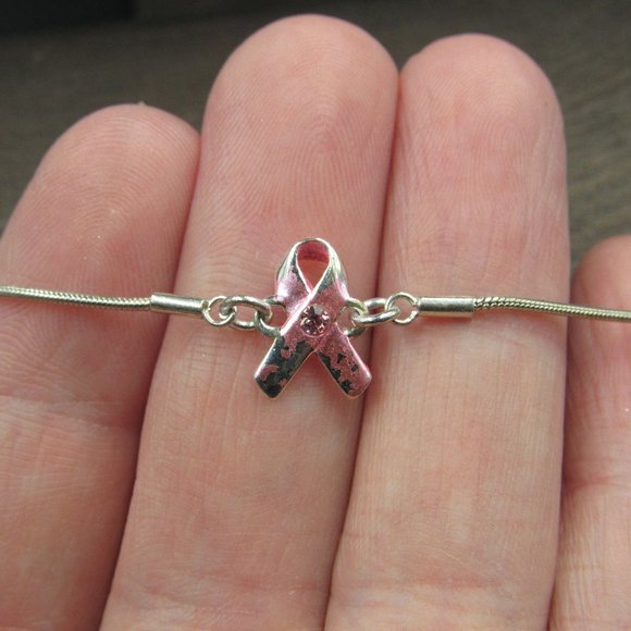 Jewelry - 8" Sterling Silver Crystal Breast Cancer Bracelet Vintage